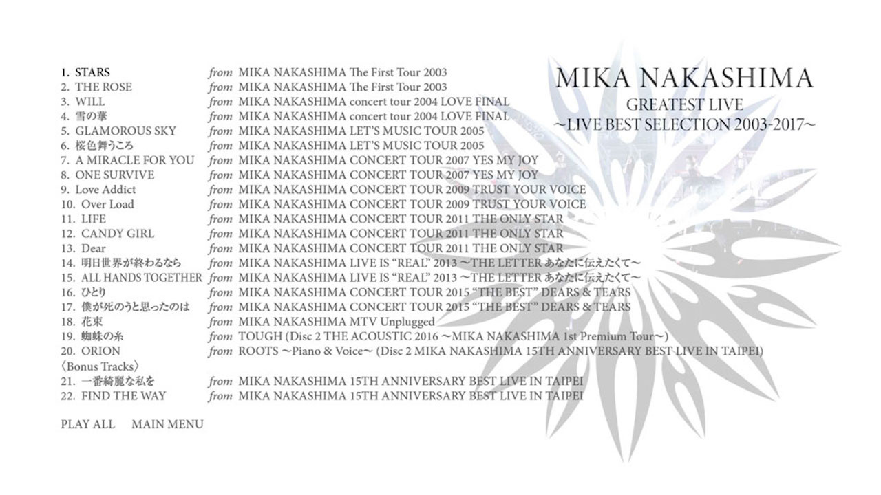 Backdrop for MIKA NAKASHIMA GREATEST LIVE ~LIVE BEST SELECTION 2003~2017
