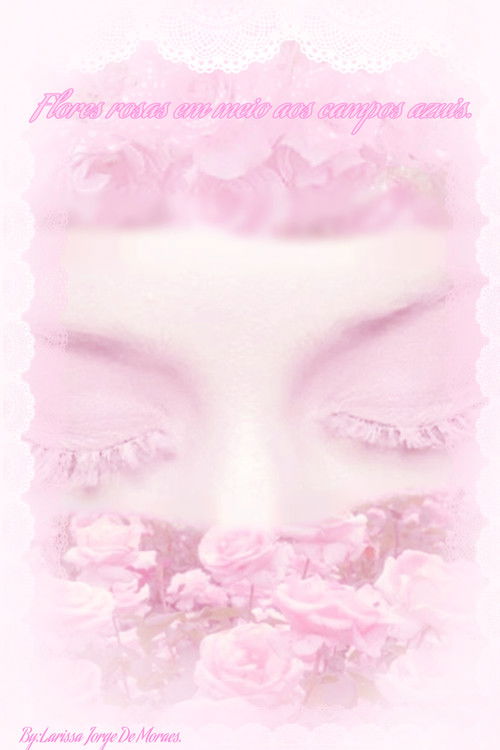 Flores rosas em meio aos campos azuis.